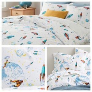 Garnet Hill Double Full Queen Duvet Cover + (2) Shams Cases Space Rocket Flannel